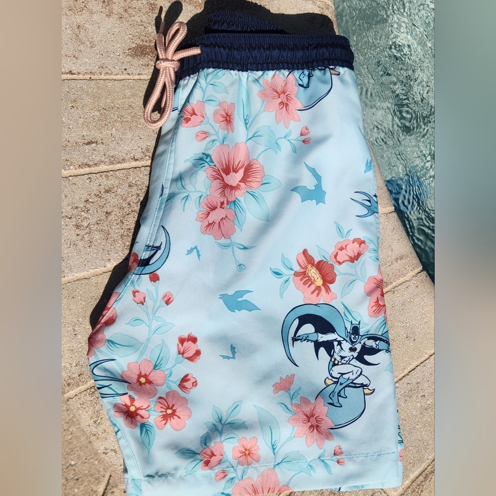 Batman Mens Light Blue Floral Swim Trunks with Drawstring Waistband Sz Small - Picture 9 of 11